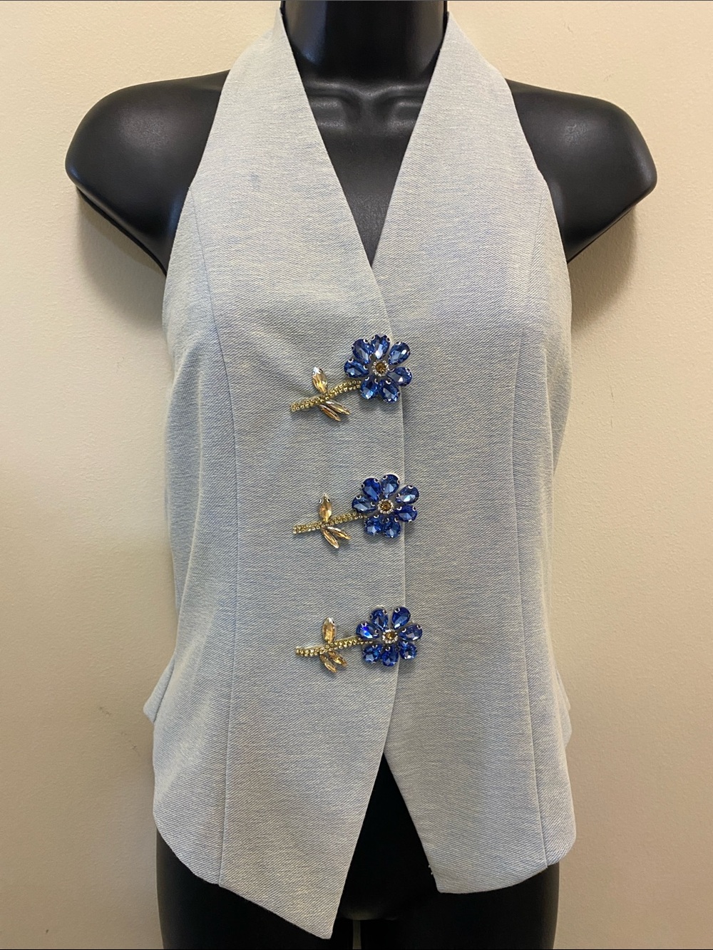 MOTF Rhinestone flower snap denim Halter Vest